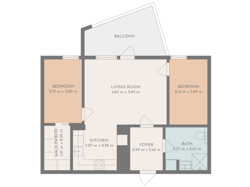 2d floor plan that includes the location of fixed furniture such as kitchen counters and bathroom plumbing fixtures